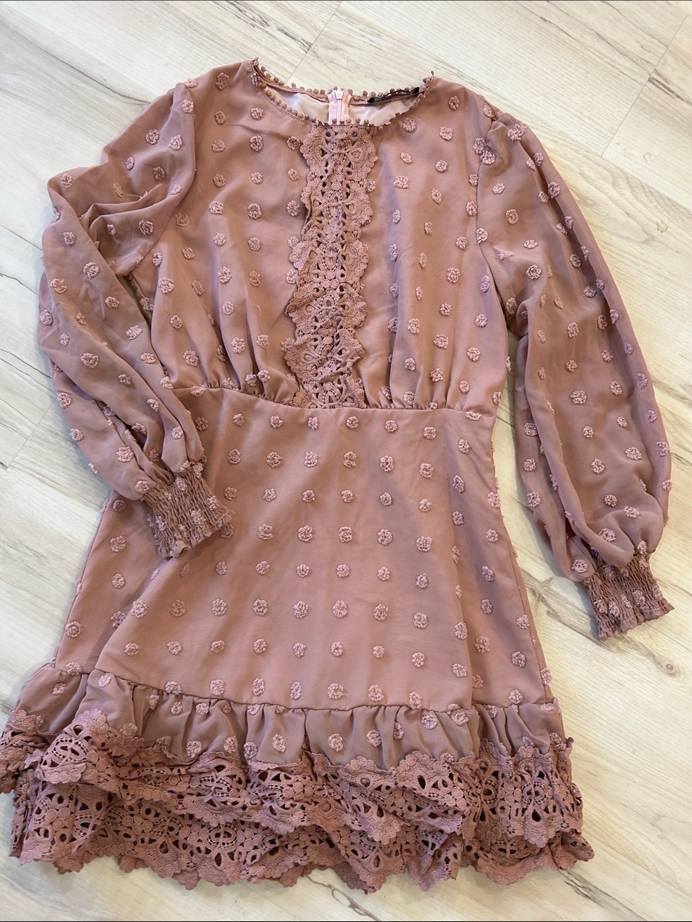 Simplee Apparel Dusty Mauve Crochet-Trim Mini Dress